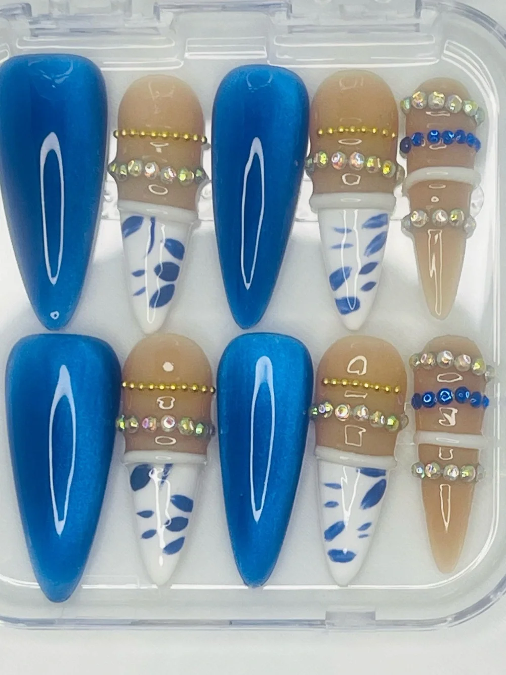 Blue & Nude Rhinestone Stiletto Handmade Press-On Nails